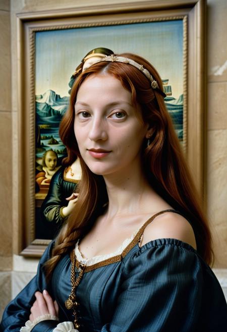 Simonetta Vespucci (1gir) posing beside the Mona Lisa wearing the cloths from the painting,
realistic photograph by Annie Leibovitz, Hasselblad 500C/M, Kodak Portra 400,
