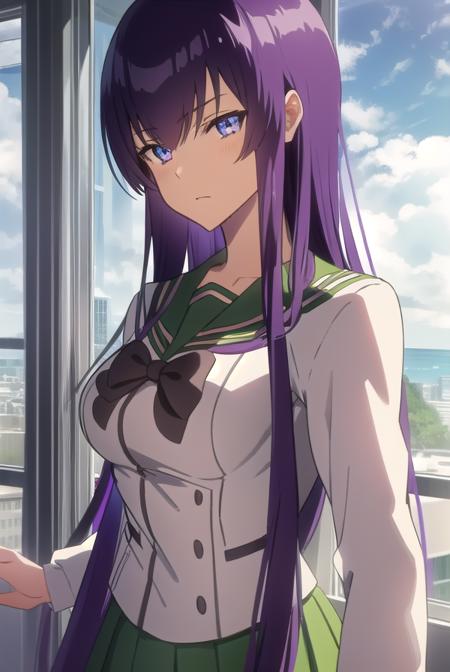 saekobusujima, <lora:saekobusujimatest:1>,
saeko busujima, long hair, purple hair, (purple eyes:1.1), hair between eyes,
BREAK skirt, long sleeves, bow, school uniform, serafuku, green skirt,
BREAK looking at viewer,
BREAK indoors, classroom,
BREAK <lora:GoodHands-vanilla:1>, (masterpiece:1.2), best quality, high resolution, unity 8k wallpaper, (illustration:0.8), (beautiful detailed eyes:1.6), extremely detailed face, perfect lighting, extremely detailed CG, (perfect hands, perfect anatomy),