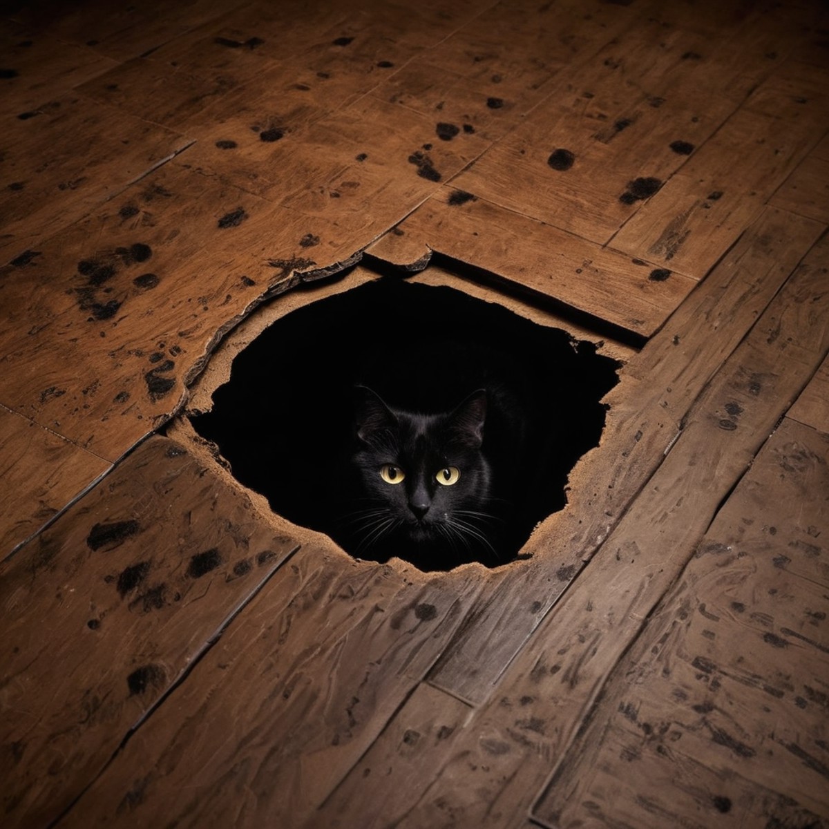 UHD, 4k, ultra detailed, cinematic, a photograph of  <lora:vantablack style:1>
a hole in the floor with a cat looking at i...
