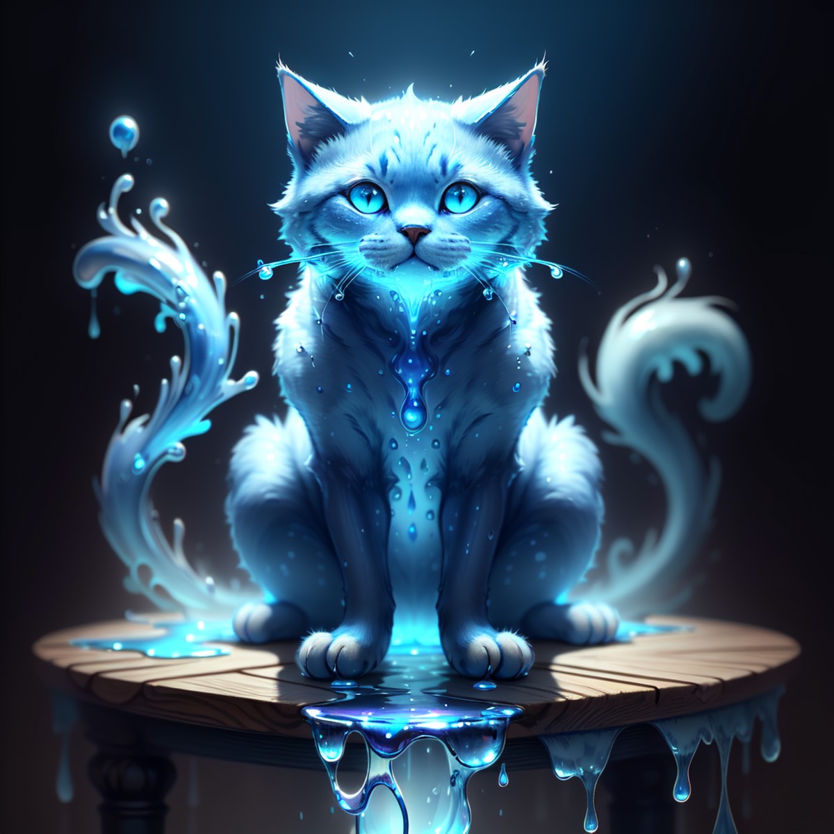masterpiece, absurdres, extremely detailed, , <lora:WorldofWater:1>, worldofwater, water elemental cat, sitting on a table...