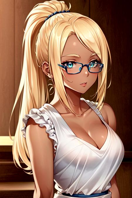 <lora:Ashe:0.4> Ashe, 1girl, solo, blonde hair, glasses, long hair, (formal dress), dark skin, dark-skinned female, aqua eyes, upper body, collarbone, ponytail, perfect lighting, ((shining face, shining body)), perfect face, make up, eye shadow, ((gorgeous)), Extremely beautiful, perfect, (masterpiece:1.2), (best quality:1.2), cinematic, perfect skin, perfect lighting, textured skin, detail, beauty, overall, sharp focus, ultra-detailed, illustration, perfect face, ((gorgeous)), Extremely beautiful, perfect, detailed background, (detailed background, intricate background:1.1), beautiful, ((Extremely Detailed)), ((Best Quality)), ((Masterpiece)), ((4k)), ((Shonen Anime Style))