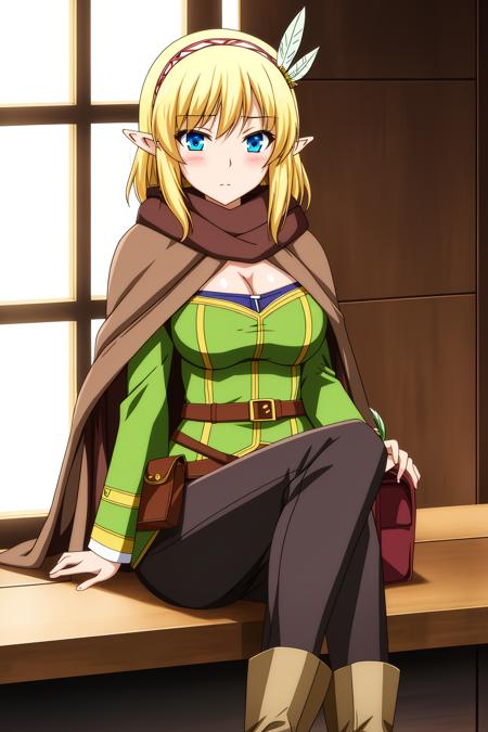 cayna, 1girl, solo, long_hair, breasts, looking_at_viewer, blush, short_hair, closed_mouth, bangs, cleavage, blue_eyes, blonde_hair, shirt, hair_ornament, long_sleeves, medium_breasts, sitting, hairband, boots, pointy_ears, belt, pants, indoors, medium_hair, bag, scarf, cape, cosplay, window, arm_support, black_pants, feathers, elf, cloak, pouch, feather_hair_ornament, white_cape