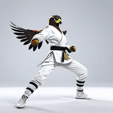 An anthropomorphic female hawk. Cool animated style. She is a martial artist and is wearing cool clothes. She has an attitude. She is balancing on one leg, performing the crane kick from the karate kid movie. The background is white.  ar 2:3  stylize 200