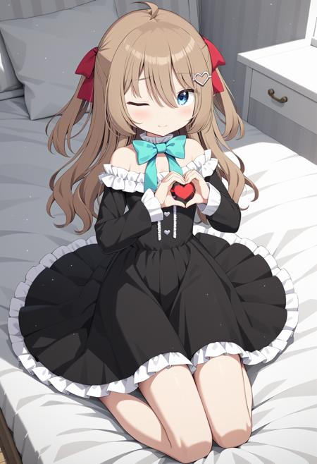 1girl, neuro-sama, (yuzu modoki:1.22), full body, seiza, heart hands, (red heart), ahoge, blue eyes, aqua bow, frilled dress, frilled choker, barefoot, on bed, black dress, off-shoulder dress, bare shoulders, red ribbon, hair ribbon, two side up, white buttons, heart hair ornament, long sleeves, sleeves past wrists, one eye closed, leaning to the side, light brown hair, natural lighting, (masterpiece, best quality), detailed scenery, (3d render:0.7), highly detailed, finely detailed  <lora:neurosama_animaginexl_3-15:0.7>