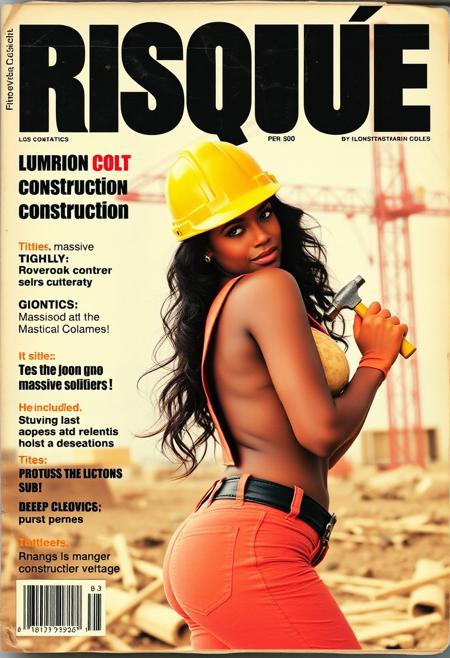 A cover for 80s cheap porn magazine, featuring black pornstar as a sexy construction worker. She has very big, massive titties tightly squeezed by her revealing  construction worker outfit with deep cleavage, thick waist, thick thighs, huge ass, yellow hard hat, hammer in hand, and construction site background. She looks seductively over her shoulder at viewer. The magazine cover is worn and slightly wrinkled, and title at the top reads "RISQUÉ". Titles of included articles and other content written in English are present on the magazine cover.