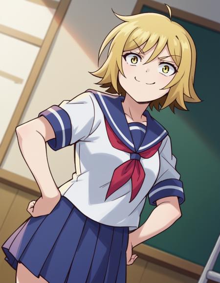 <lora:urara-urakata-s1-ponyxl-lora-nochekaiser:1>, urara urakata, short hair, blonde hair, ahoge, yellow eyes, skirt, school uniform, ahoge, pleated skirt, shoes, serafuku, socks, blue skirt, neckerchief, white socks,