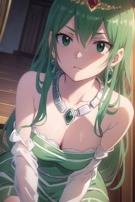 hisui, long hair, (green eyes:1.5), green hair, hair between eyes, dress, cleavage, bare shoulders, jewelry, earrings, necklace, tiara, crown,