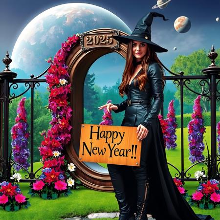 mysterious beautiful witch wearing black leather clothes holding a wooden sign where is written on "Happy New Year!!!", standing in front of a omega formed gate where above on a plate it is printed "2025". in the background is an enchanted colorful forest with marvelous flowers plants, At the sky are planets