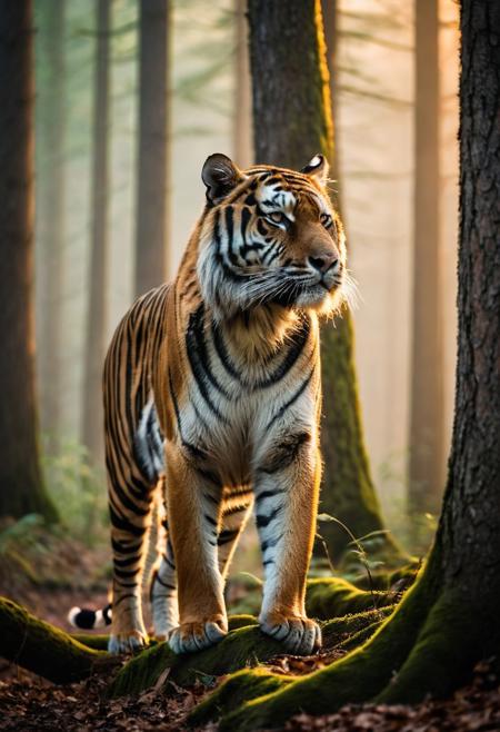 photo of a tiger, misty forest, dawn, the tiger's eyes fixed on something in the distance, soft focus, warm colors, high contrast, 8K, highly detailed, ultra-realistic, masterpiece, Hasselblad, film grain, cinematic, professional color, dynamic, stunning, intricate, full fiery, extremely romantic, very inspirational, artistic, beautiful