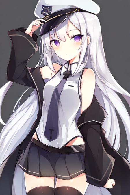 1girl,(watercolor \(medium\)), hat,arms behind back, long hair, solo, enterprise \(azur lane\), skirt,peaked cap, necktie,((white shirt)), looking at viewer, purple eyes, white hair, closed mouth, sleeveless, sleeveless shirt, belt, very long hair, black necktie, pleated skirt, coat, miniskirt, thighhighs, (white background:1.4),simple background, cowboy shot, bangs, blush, black coat, bare shoulders, open clothes, simple background, military, black skirt, <lora:Lpip-style-000021:1>