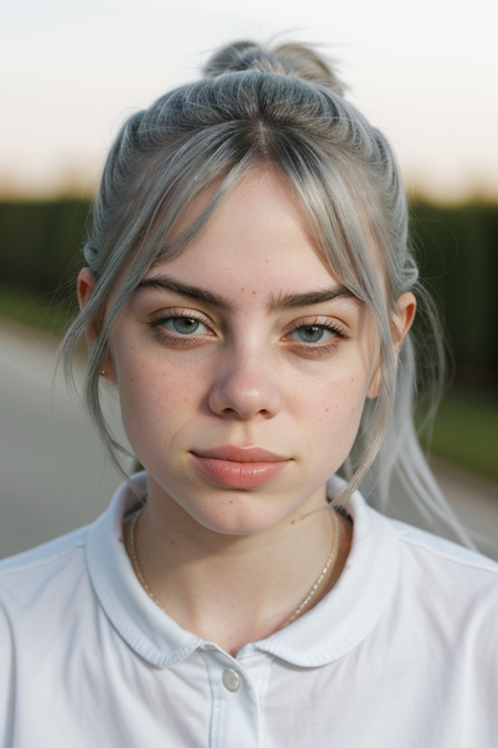 BillieEilish, advertising poster style, (shushing, upper body:1.3), (chiaroscuro:1.3), short black skirt, unbuttoned white blouse, messy bun, camera, highres, extremely detailed, beautiful detailed woman, full body, realistic, light on face, cinematic lighting, perfect eyes, professional, modern, product-focused, commercial, eye-catching, highly detailed