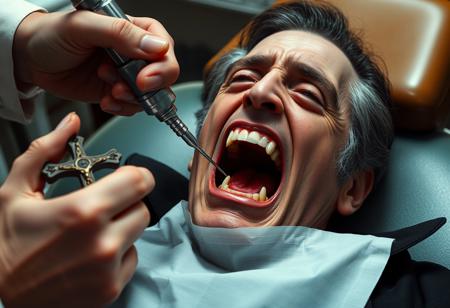 count dracula version christopher Lee, nervous and sweating lying in a dentist chair with his mouth open while a drill cleans cavities from one of his pointy teeth. Another hand holds a crucifix to keep Dracula still.