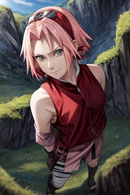 sakura shippuden, masterpiece, best quality, absurdres, solo, woman, badass, red jacket, toeless footwear, bandaged leg, skirt, black short, sleeveless, sadism, smirk, looking at viewer, short hair, bangs, green eyes, small breasts, forehead protector, konohagakure symbol, black gloves, bare shoulders, looking at viewer, upper body, from above,    outdoors,  blue sky, sun, meadow background,   <lora:sakura_shippuden:1>,  <lyco:BetterHands:1.0>,  <lora:DetailLora:1>,  <lora:LowRA:0.4> dark theme