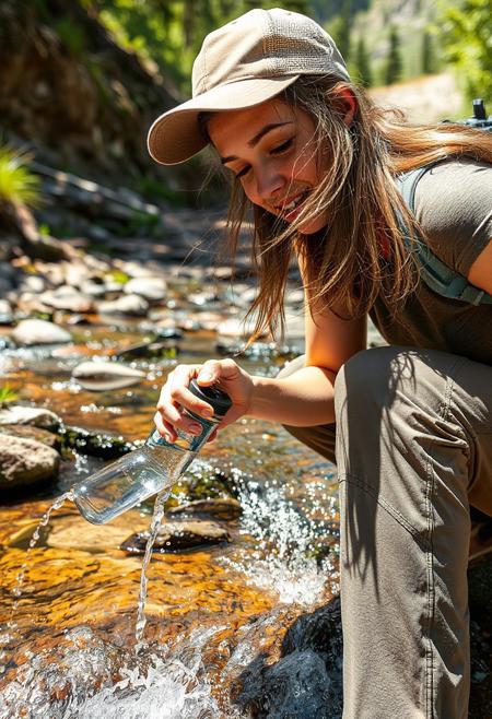 beautiful female hiker filling up water bottle at rapids of small mountain stream, sunny day, shaded path, sweat, loose strands of hair, kneeling, outdoors hiking pants and shirt, baseball cap, close up on face