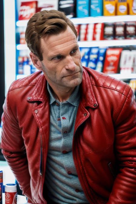 a handsome man in a red leather jacket, in a convenience store, ready for action, upper body, close up, (looking at camera), (candid, amateur), (raw, 8k, uhd, fujifilm xt3),  <lora:aaronEckhart:1>