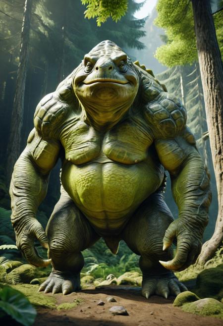 Frontal view, upper body view, Hyper-realistic photo, lifelike texture, grainy, cinematic, 4k, quality, detailed, impressive, wildlife animal shot, 
Create an image of a giant hybrid creature that combines features of a ogre and turtle. Overweight creature, anthro hybrid, It stands on two legs like a troll, with a massive, fat body as thick as an elephant. Its face resembles that of a turtle, with a broad, flat snout and expressive eyes. The skin is rugged and textured,  the skin is chartreuse-colored, adorned with bony protrusions that mimic a turtle's shell. The creature is set in a fantastical landscape, surrounded by lush greenery and towering trees, near cave and river, showcasing its imposing size and unique blend of characteristics