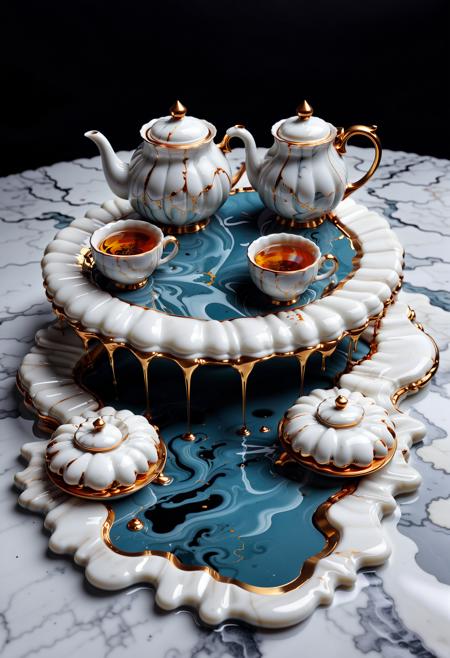 Liquid Marble floor, detailed, ultrarealistic, Liquid Marble tea set, dripping gold linings,
