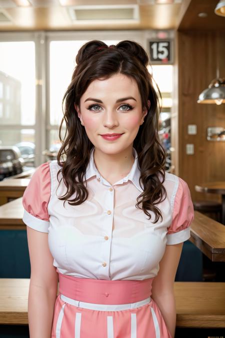 Aisling Bea, Professional Photo, front facing, of a waitress, pinup, art style, kodak portra 400, 35mm lens, cinematic, [[[smiling]]], [[[close up]]] <lora:Aisling-Bea-v10:0.7>