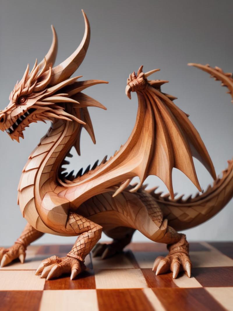 Wooden Dragon Statue with Dragonfly Wings on a Chessboard