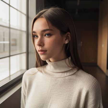 <lora:kennedy922_sd15_512_128_64_v1:1> 1girl solo looking at viewer  wearing a turtleneck sweater  epiCRealism