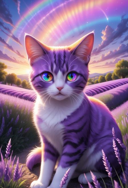 (((Kasha (Japanese) a Cat-like demon which descends from the sky and carries away corpses))). With a rainbow nebula background . Epic dynamic lighting .(49. Dreamy Lavender Fields in Provence))
=
, reflective, psychedelic, (((In the art  style of chris dyer)))
=
((Vivid, HDR, Canon50, 8K,  Hyper Realistic, Dramatic, Epic, Dynamic Contrast, Cinematic Lighting)) (((Zoomed Out, Far away Shot)))
= 
<lora:extremely_detailed:1> <lora:rainbow_iris_v2:1>   <lora:crystalClearXL_ccxl:0.8> <lora:d\EnvyZoomSliderXL01:-1.5>  <lora:InstantPhotoX3:1>, - Generate images with sharp edges and fine details.
- Produce high-resolution images with no blurriness or distortions.
- Create images with clear and well-defined subjects.
- Ensure that the output images have crisp lines and distinct features.
- Generate images with vibrant colors and accurate tones.
- Avoid noise or artifacts in the generated images.
- Focus on producing clear textures and patterns in the images.
- Emphasize clarity and definition in all aspects of the generated images.
- Prioritize the sharpness and clarity of the main subjects in the images.
- Optimize the AI model to produce clear and visually appealing images., By art germ