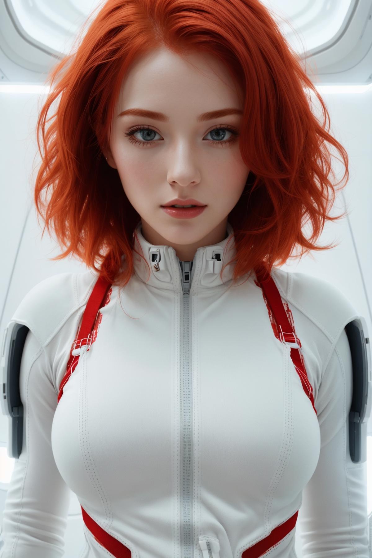 The image features a woman with red hair, wearing a white and red outfit, with a prominent white collar. She has a close-up view, showcasing her features and the intricate details of her outfit. The woman appears to be standing in front of a white wall, which may be a background or a part of her surroundings. The overall focus of the image is on the woman and her striking appearance.