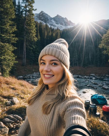 blonde woman ((upper body selfie, happy)), masterpiece, best quality, ultra-detailed, solo, outdoors, (night), mountains, nature, (stars, moon) cheerful, happy, backpack, sleeping bag, camping stove, water bottle, mountain boots, gloves, sweater, hat, flashlight, forest, rocks, river, wood, smoke, shadows, contrast, clear sky, analog style (look at viewer:1.2) (skin texture) (film grain:1.3), (warm hue, warm tone:1.2), close up, cinematic light, sidelighting, ultra high res, best shadow, RAW, upper body, wearing pullover, <lora:add_detail:1>, <lora:FilmG2:0.8>