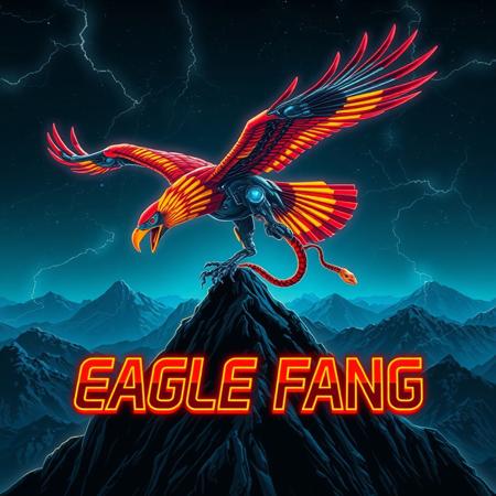 A robotic eagle flying over a mountain-top. red and yellow stripes.  snake in its talons. fanged beak.
Background mountains at night. Cosmic skyscape.  Synthwave colorscheme. Very realistic, fantasy illustration.
with the words "EAGLE FANG" emblazoned in 3D, intricate, lightning patterns, with a predominantly neon colors,
