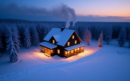 wide shot,A snowy winter evening in RÄzekne, highlighting a quaint wooden house with smoke curling from the chimney, surrounded by a blanket of fresh snow, illuminated by the soft glow of warm light from the windows, creating a cozy, idyllic scene,, sweeping landscapes, unique perspectives, epic scale, revealing hidden beauty, showcasing vastness, immersive experience, precise compositions, expert piloting, dynamic angles, cinematic storytelling, showcasing natural wonders, aerial exploration