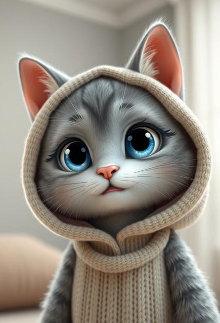 Depth of field and focus in face, cinematic shot, realistic, masterpiece, (This is a highly detailed CGI (computer-generated imagery) rendering of a small, anthropomorphic happy cat character with an anime-inspired design). The character has a soft, plush-like texture with a predominantly silver gray fur coat that appears smooth and fluffy. The cat's large, expressive eyes are a striking (topaz blue) color, with detailed irises and reflections, giving them a lifelike quality. The character's nose is a gentle pink, matching the blush on its cheeks, adding to its cute and endearing appearance. The cat is wearing a light beige hooded cloak that covers its head and shoulders, with the hood flopped forward, showing off its large, pointed ears that have a pinkish hue inside. The cloak appears to be made of a soft, knitted material, adding to the character's cozy and warm aesthetic. Background room is softly blurred, with a gradient of light gray to white, suggesting an indoor setting with soft, diffused lighting. The overall style is whimsical and adorable, reminiscent of popular animated characters or plush toys. The attention to detail in the fur texture, realistic eye reflections, and the soft color palette all contribute to a charming and inviting visual experience. The overall mood of the photograph is sensual and intimate, with a focus on the models physical attributes and happy smiling attitude, Chiaroscuro warm reflective surface light ,by Rembrandt style, Caravaggio style.