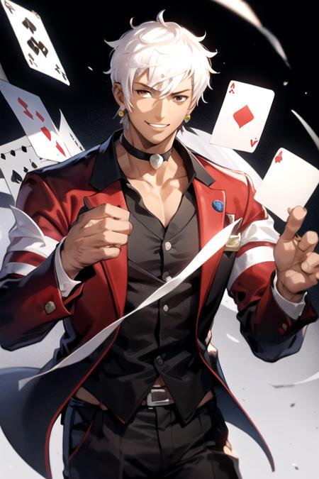 <lora:Yashiro-06:0.7>,yashirokof, solo, smile, simple background, 1boy, holding, jewelry, white hair, male focus, earrings, necktie, choker, dark skin, formal, dark-skinned male, suit, card, holding card