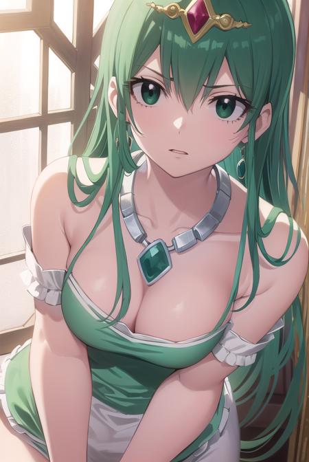 hisui, long hair, (green eyes:1.5), green hair, hair between eyes, dress, cleavage, bare shoulders, jewelry, earrings, necklace, tiara, crown,