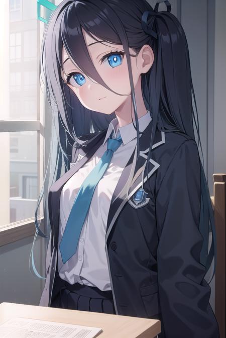 bluearchivearis, <lyco:bluearchivearis-lyco-nochekaiser:1>, 
aris, black hair, blue eyes, hair between eyes, halo, long hair, one side up, hair ribbon, (flat chest:1.2),
BREAK necktie, blue necktie, jacket, skirt, school uniform, white shirt, collared shirt, black skirt, white jacket, long sleeves,
BREAK looking at viewer, 
BREAK indoors, classroom,
BREAK <lyco:GoodHands-beta2:1>, (masterpiece:1.2), best quality, high resolution, unity 8k wallpaper, (illustration:0.8), (beautiful detailed eyes:1.6), extremely detailed face, perfect lighting, extremely detailed CG, (perfect hands, perfect anatomy),