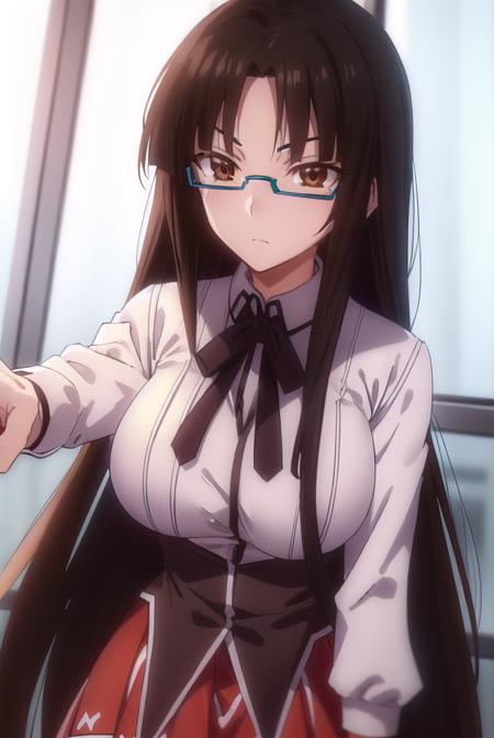 tsubakishinra, <lora:tsubaki shinra anime s2-lora-nochekaiser:1>,
tsubaki shinra, long hair, black hair, (brown eyes:1.5), glasses, semi-rimless eyewear, under-rim eyewear, (parted bangs:1.5), bangs, blunt bangs,
BREAK shirt, ribbon, school uniform, white shirt, black ribbon, neck ribbon, long sleeves, skirt, red skirt,
BREAK indoors, classroom,
BREAK looking at viewer, (cowboy shot:1.5),
BREAK <lyco:GoodHands-beta2:1>, (masterpiece:1.2), best quality, high resolution, unity 8k wallpaper, (illustration:0.8), (beautiful detailed eyes:1.6), extremely detailed face, perfect lighting, extremely detailed CG, (perfect hands, perfect anatomy),