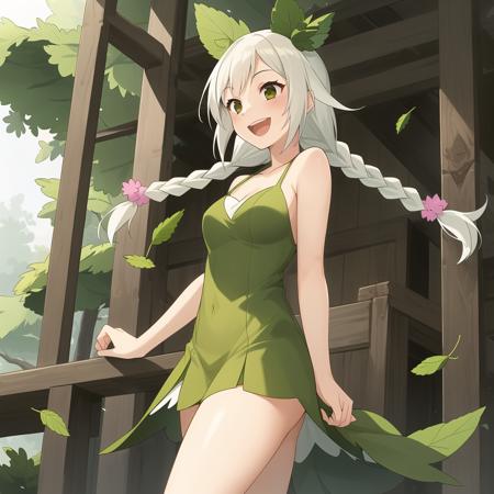 (masterpiece, best quality:1.1), (mxnt, 1girl:1.15), twin braids, solo, mint leaves, white hair, leaf dress, overjoyed, open mouth, smile, looking afar