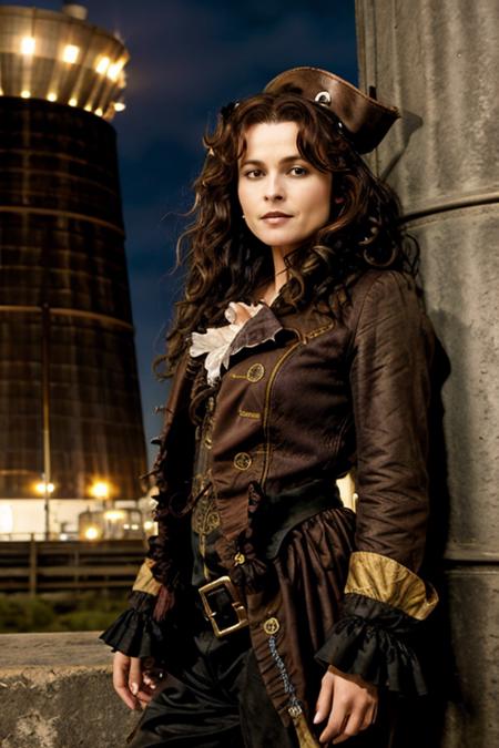 <lora:Helena_Bonham_Carter:1> 1woman, solo, mature hb1873c, , brown_hair, wavy hair, messy hair, pirate costume ,  cooling tower , night