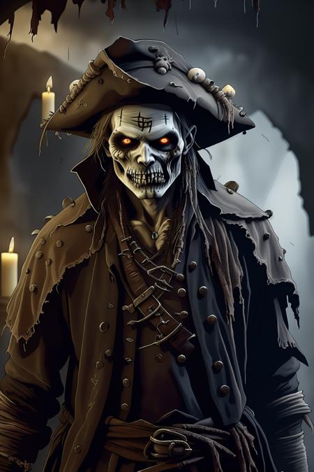 fantchar, an undead zombie pirate in a damp cave lit by candles, cobwebs, hat, stone, dust, hair, sword, realistic, intricate, highly detailed