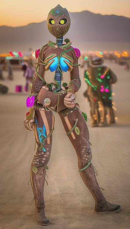 cinematic, RAW photo, photograph of NatureVRM a person standing in a desert, detailed background, massive area, grainy, burning man, festival ground, burning man playa, mutant vehicles, (high detailed skin:1.2),  instagram, colorized, ((detailed face, detailed body)), ((full body)) <lora:xl_Desert_Festival:1> <lora:xl_NatureVRM:1.2>