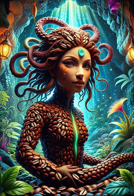 a  coffee bean medusa with wriggly snake hair  in a magical mythical setting, Cave whose walls are covered with shimmering plants, prismatic snakes, vibrant  surreal, whimsical, playful, intricate details, cinematic lighting, digital painting, trending on artstation, 8k, ultra-detailed, masterpiece, fantasy art,  mythical creatures,  magical atmosphere, ,<lora:SankeHairILL:1>,