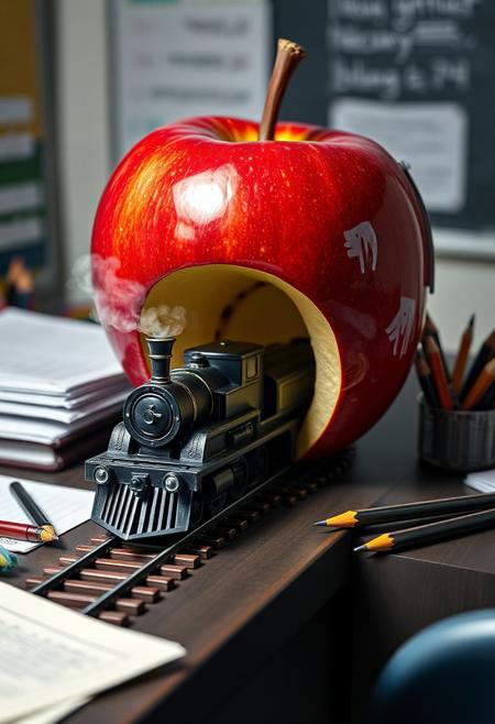 "Create a hyper-realistic image of a miniature train chugging along a tiny train track on a teacher's desk. An enormous apple serves as a tunnel, its glossy skin reflecting the light, with the train track disappearing into its core. The train, with intricate details and textures, emerges from the apple's stem end, puffing out tiny wisps of steam. Pencils, papers, and other desk supplies surround the train, creating a sense of whimsy and wonder in the otherwise mundane classroom setting." Octane render, Highest-Quality, 8 k, intricate details, visually stunning, Masterpiece
