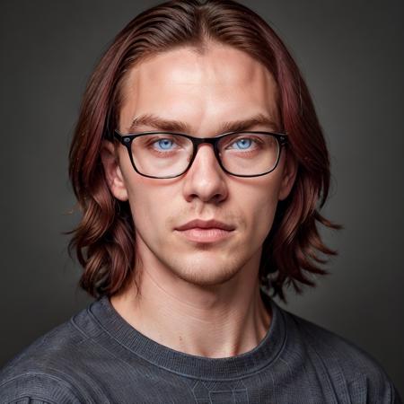 James Reid Ellis-Finn,  solo,  looking at viewer,  blue eyes,  simple background,  1boy,  closed mouth,  male focus,  red hair,  glasses,  sweater,  lips,  facial hair,  portrait,  black-framed eyewear,  realistic,  stubble,  grey sweater, <lora:EMS-51682-EMS:0.400000>