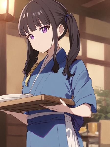 <lora:äºä¹ä¸æ³·å¥:1>,1girl, inoue_takina, japanese_clothes, solo, kimono, black_hair, long_hair, twintails, blue_kimono, purple_eyes, bangs, tray, apron, closed_mouth, holding, holding_tray, waitress, tasuki