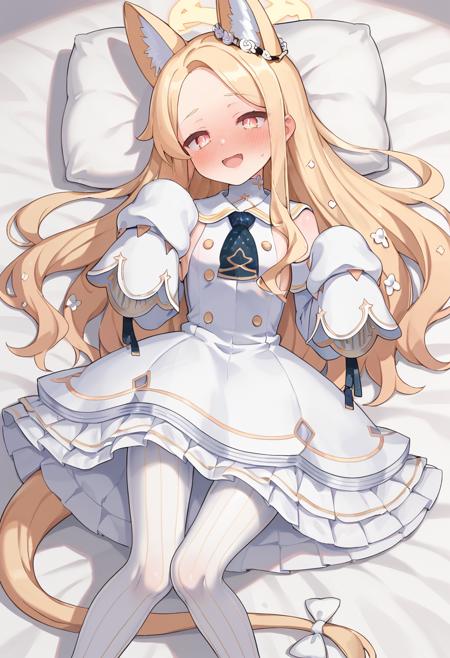 seia \(blue archive\) multicolored eyes, blonde hair,long hair,animal ears,halo,white dress,sleeves past fingers,pantyhose,tail,high heels white bird