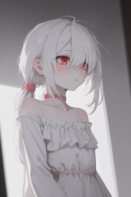 (masterpiece detailed depth-of-field) 1girl upper-body white-hair albino makeup blush eyeshadow pink-choker colored-eyelashes hair-between-eyes hair-over-eyes sidelocks low-tied-hair hair-over-shoulder long-hair messy-hair long-sleeves pale-skin red-eyes detailed-eyes white-sundress