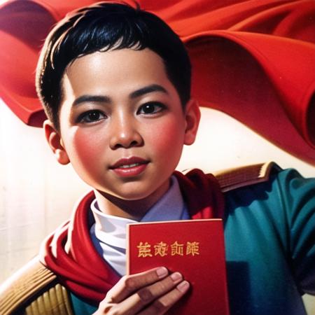 (best quality, masterpiece:1.2), photorealistic, ultra high res, front lighting, intricate detail, Exquisite details and textures, a boy,A Chinese boy, holding a red flag, stands on an embankment
 <lora:hongse:0.9>