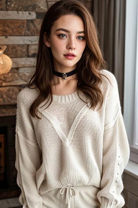 raw photo, (18yo redhead girl:0.5), makeup, graphic eyeliner, rouge, (choker:0.9), realistic skin texture, oversize knit sweater, (red:0.8), softcore, warm lighting, cosy atmosphere, instagram style, super small amount of freckles