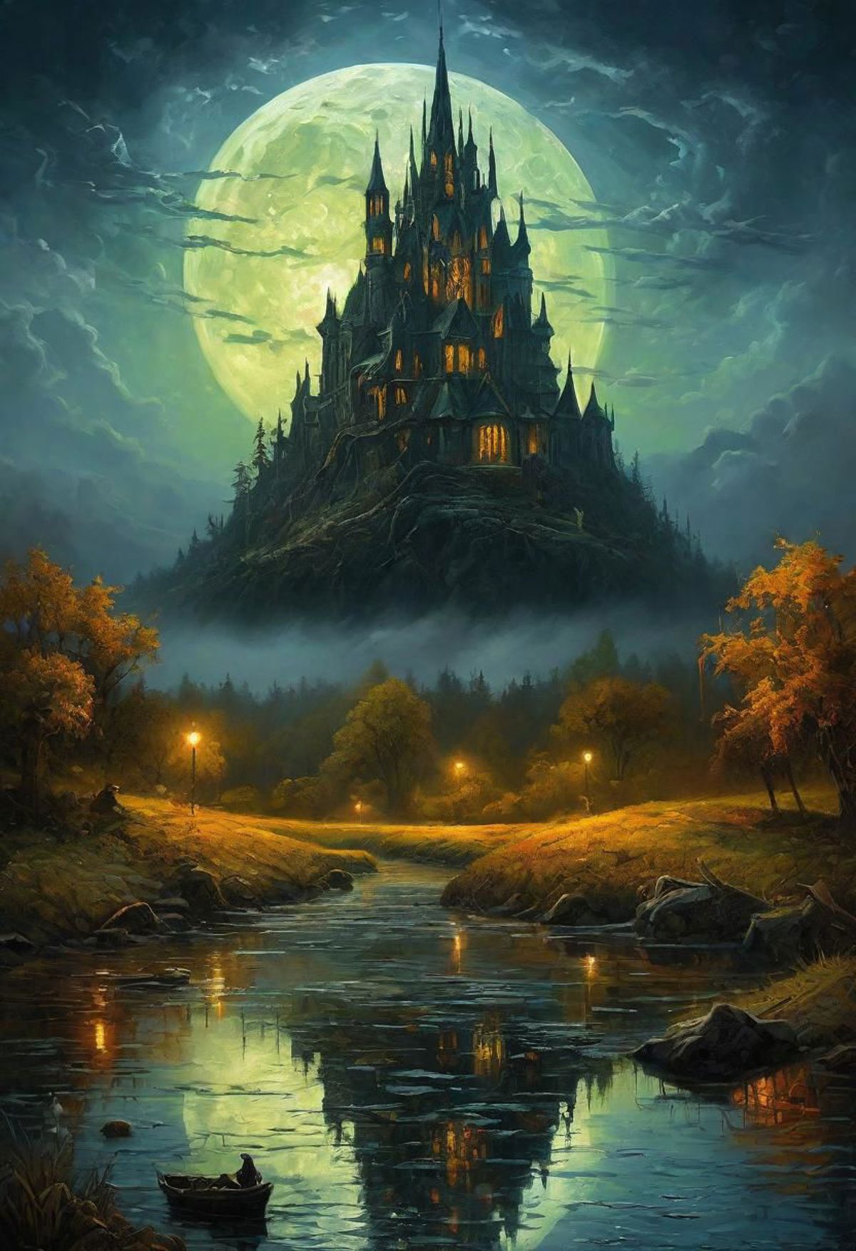 A painting of a castle with a full moon at night, surrounded by trees and a river.