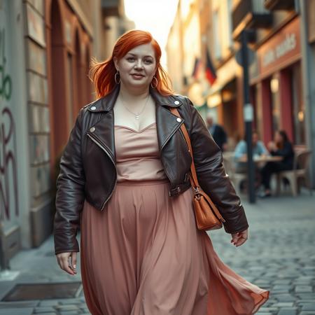 masterpiece portrait of young obese red-haired British woman::1.4, modern street fashion style::1.2, cinematic realism art::1.1
(physical description: full body shot, soft and obese figure, vibrant red hair in a relaxed mid-length style, expressive and youthful face, fair skin:1.1)
(facial features, expression: poised and confident expression, slight smile, freckles, lightly made-up with warm natural tones:1.0)
(clothing details: cropped faux leather jacket in muted plum, blush pink satin camisole, flowing rose mauve maxi skirt, pale classic low-heeled shoes:1.0)
(accessories: silver necklace and minimalist hoop earrings, stylish leather crossbody bag:0.9)
(background setting: trendy urban street scene—cobblestone or brick sidewalk, graffiti-tagged walls, café seating nearby, street fashion energy in the air:0.9)
(lighting style: golden hour natural light, soft warm highlights with cool shadows, subtle lens flare:0.8)
(composition and camera framing: full body, dynamic mid-stride walking pose, angled slightly from below for added height and presence:1.0)
(emotional tone or theme: vibrant and confident, body-positive street style chic, modern London cool meets classic curves:0.9)
(technical execution: crisp fashion photography texture, subtle motion blur in skirt and hair, well-balanced saturation emphasizing red hair and soft fabrics:0.8)