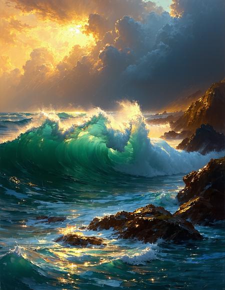 A turbulent ocean at sunset, waves crashing against rocks in thick, textured oil paint, visible palette knife strokes creating foam and spray, dramatic golden-red lighting breaking through storm clouds, Turner-inspired romanticism.