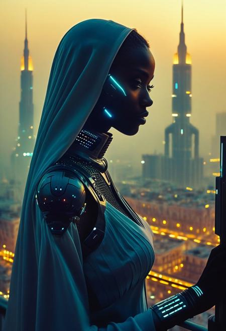 (flux-style)Hyoer Realistic:2.0)Polaroid picture 
an image of 
A black woman stands in her high-rise living room, gazing through expansive windows at a breathtaking fusion of the New Orleans metro skyline seamlessly merged with Dubai’s futuristic towers. The scene is bathed in the golden glow of sunset, highlighting intricate details: the ornate spires of Burj Khalifa rising alongside historic French Quarter rooftops, sleek glass facades reflecting vibrant hues while ancient brick buildings stand resilient. A network of canals and modern roads weave between structures, blending cultures and eras. Soft mist hovers over the Mississippi River, now flanked by palm tree-lined promenades. She leans gracefully against the railing, embodying the harmony of tradition and innovation in this surreal, photorealistic panorama.
BREAK High Evening, metropolis, (Cyberpunk future theme, tall energy towers :2.17)